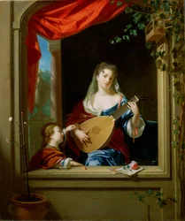 Elegante Dame spielt Laute am Fenster